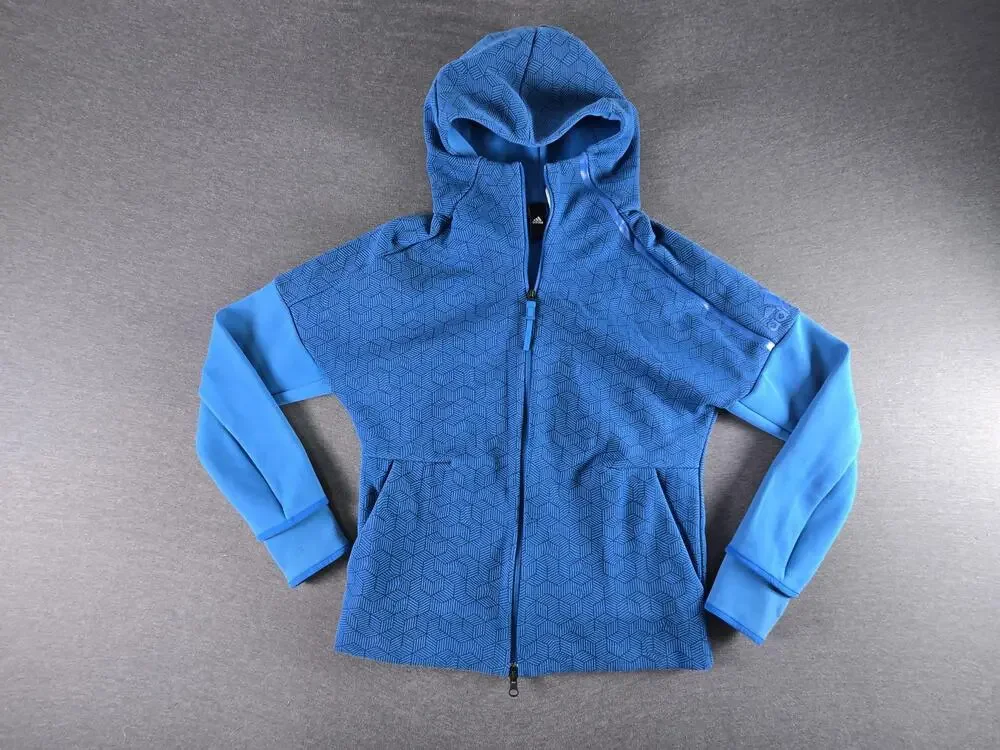 Adidas ZNE Hoodie Sweatshirt Mens Medium Blue Full Zip Geometric Fleece